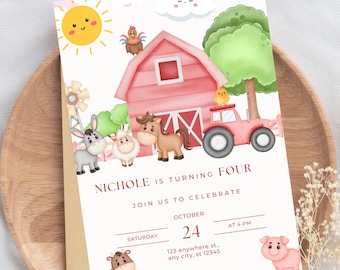 May include: A farm-themed birthday invitation with a red barn, a tractor, and farm animals. The invitation says "Nichole is turning four. Join us to celebrate. Saturday, October 24, at 4 PM. 123 anywhere st., any city, st 12345."