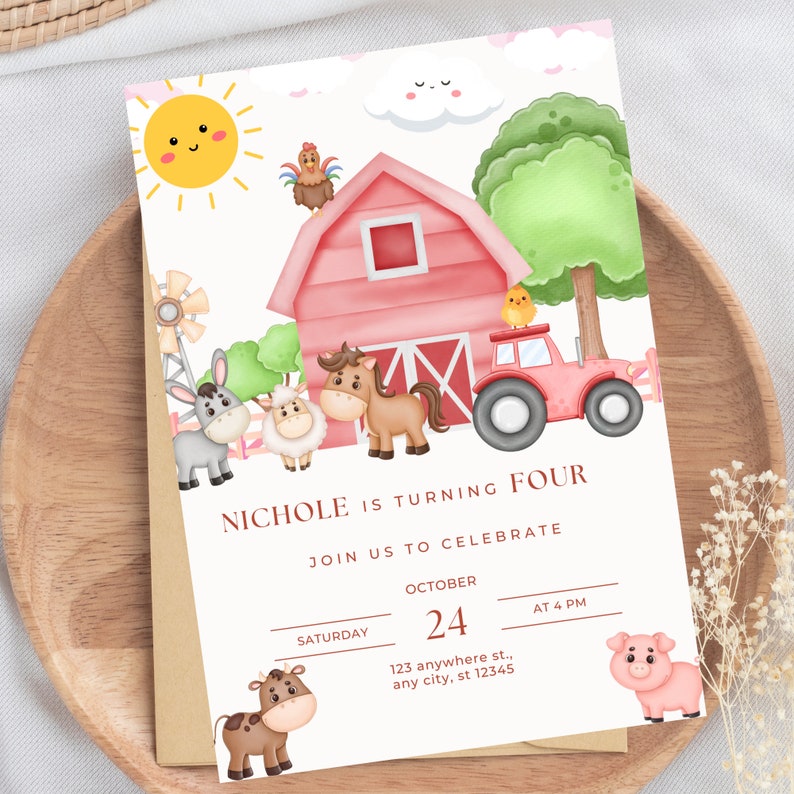 Farm Birthday Party Invitation Farm Animals Birthday Invite Pink Barn ...