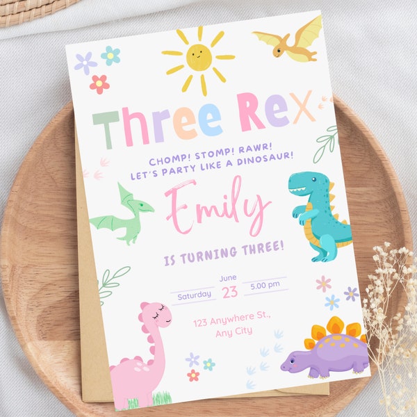 Dinosaur Birthday Party Invitation Dinosaur Three Rex Third Birthday Digital Invite Printable Template Instant Download Editable BP526