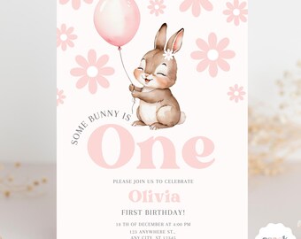 Easter Bunny Birthday Day Invitation Some Bunny Birthday Invite Spring Birthday Pink Floral Spring Rabbit Birthday Invitation Editable