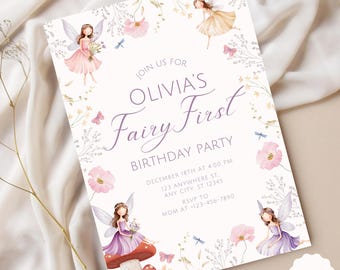 Fairy First Birthday Invitation Enchanted Garden 1st Birthday Invite Whimsical Fairy Party Girl Birthday Template Editable Download F8