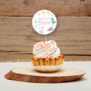 Dinosaur Birthday Cupcake Topper Dinosaur Three Rex Third Birthday Digital Cake Toppes Printable Template Instant Download Editable BP526