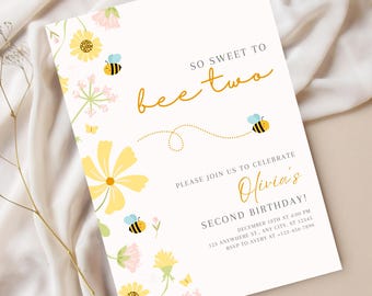 Bee Birthday Invitation Sweet to Bee Two Invite Bee Day Party Second Birthday Invite Cute Bumble Bee Theme Editable Template