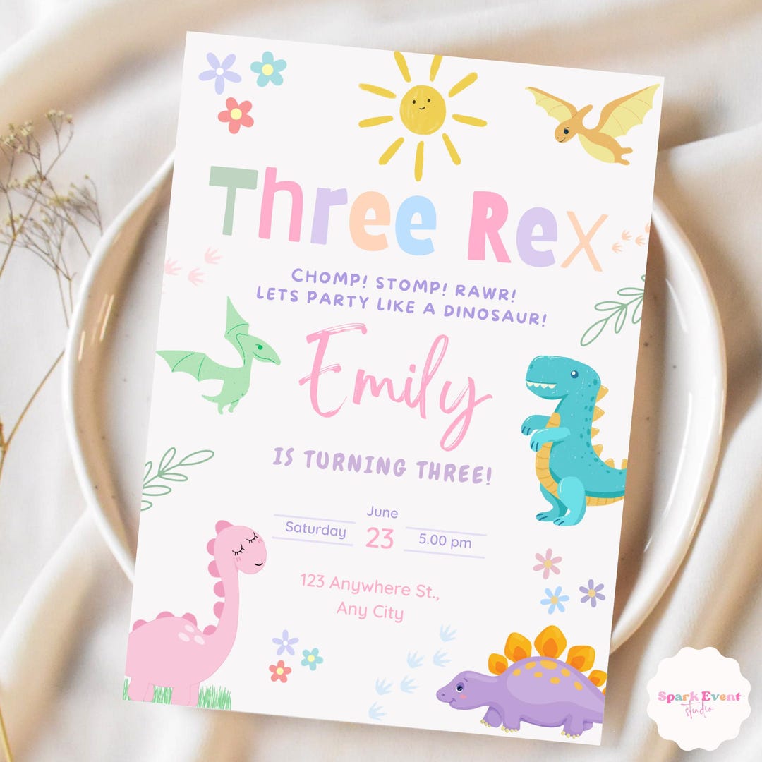 Dinosaur Birthday Party Invitation Dinosaur Three Rex Third Birthday ...