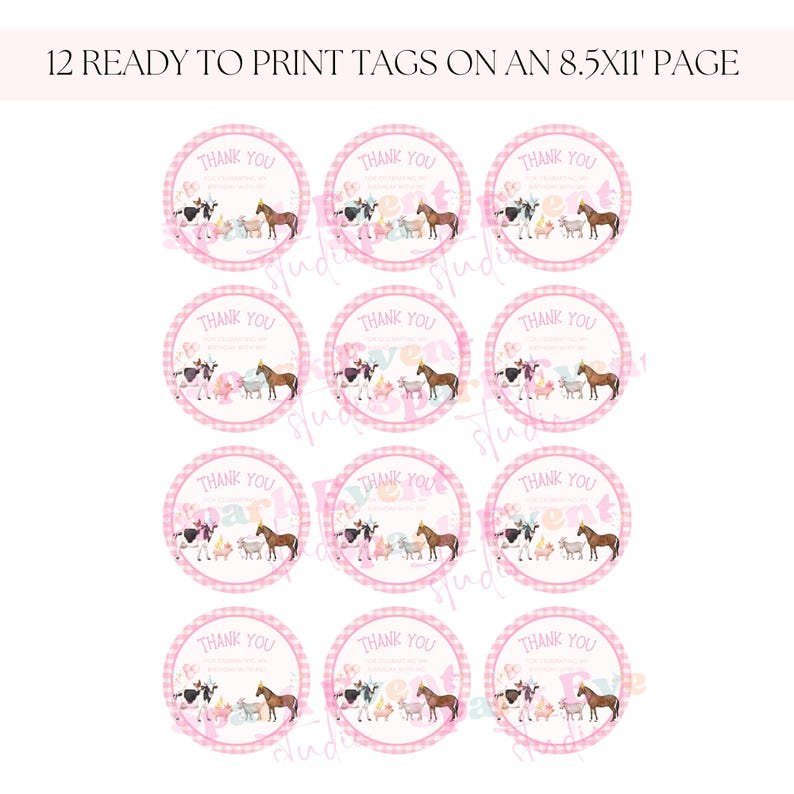 Editable Pink Farm Birthday Thank You Tags Girl Farm Animals Party Pink ...