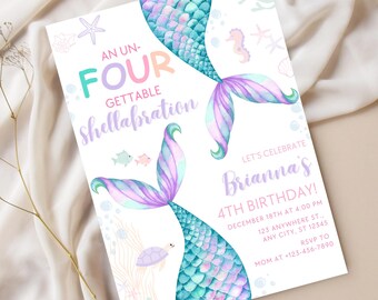 Editable Mermaid 4th Birthday Invitation Template, Under the Sea Party Invite, Un-Four-Gettable Shellabration, Pink Teal Canva Evite M12