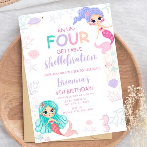 Mermaid Birthday Invitation Mermaid Party Under the Sea Birthday Un-four-gettable Shellebration Fourth Birthday Party Editable M18