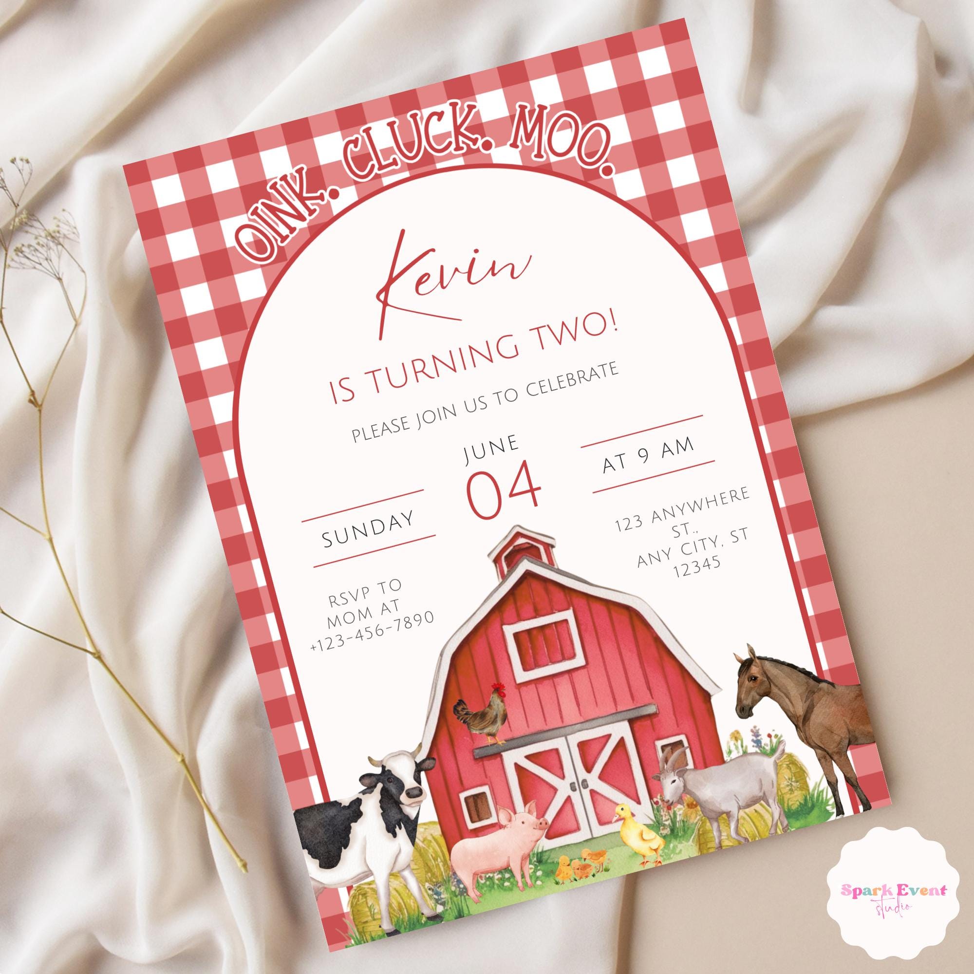 Editable Red Farm Birthday Invitation Boy Farm Animals Party Red ...
