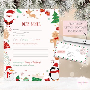 Plantilla de carta a Papá Noel para imprimir Carta a Papá Noel Papelería navideña Actividad navideña para niños Carta digital a Papá Noel Carta navideña