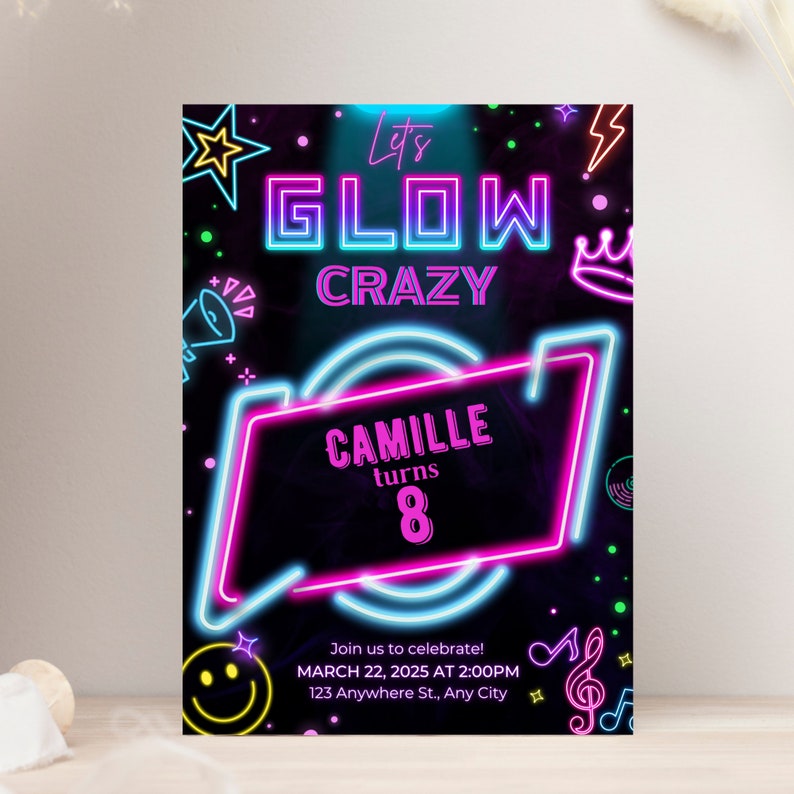 Glow Party Birthday Invitation Neon Birthday Digital Invite Neon Party