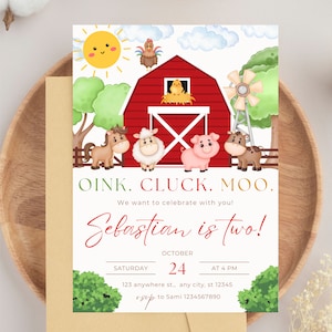Farm Birthday Party Invitation, Barn Animals Birthday Party, Boy Farm Birthday, Barnyard, Farm Animal Birthday, Red Farm Birthday Editable