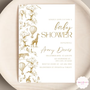 Toile de Jouy Baby Shower Invitation Gold Safari Theme Floral Baby Shower Invite for Boy or Girl Editable Gender Neutral Baby Shower Invite