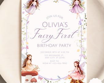 Fairy First Birthday Invitation Enchanted Garden 1st Birthday Invite Whimsical Fairy Party Girl Birthday Template Editable Download F6