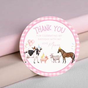 Étiquettes de remerciement d'anniversaire à la ferme roses modifiables, fête des animaux de la ferme, fête d'anniversaire de la basse-cour rose, étiquette-cadeau de faveur, autocollants de ferme FA4