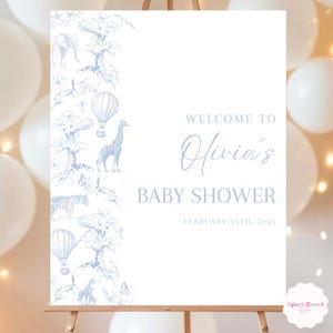 Toile de Jouy Placa de boas-vindas para chá de bebê Tema Safari azul empoeirado Cartaz floral para chá de bebê para menino Decoração editável para chá de bebê
