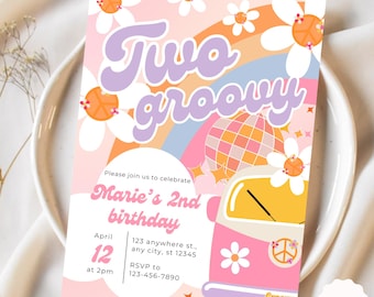 Groovy Birthday Invitation Two Groovy Invite Boho Retro 70s Theme Colorful Hippie Decor 2nd Birthday Celebration Second Birthday Editable