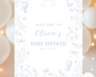 Blue Toile Baby Shower Welcome Sign Printable Dusty Blue French Toile Floral Baby Shower Decor Boy Oh Boy Shower Poster Template