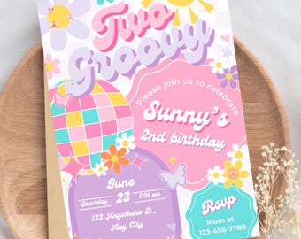 Dos fantásticas invitaciones para fiestas de cumpleaños, estilo bohemio, retro, hippie, geniales, para el segundo cumpleaños, editables