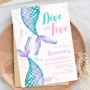 Editable Dive into Five Mermaid Birthday Invitation Mermaid Invite Under the Sea Birthday Party Fifth Birthday Party Little Mermaid M6