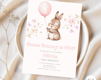 Floral Some Bunny Birthday Invitation Editable Easter Bunny Party Invite Spring Flower Birthday Template Cute Bunny Celebration