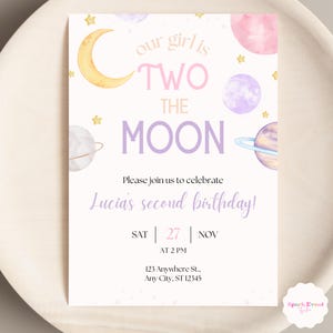 Two the Moon Birthday Invitation Girl Space Birthday Two the Moon Party Digital Invite Girl Second Birthday Astronaut Galaxy Invite BP546