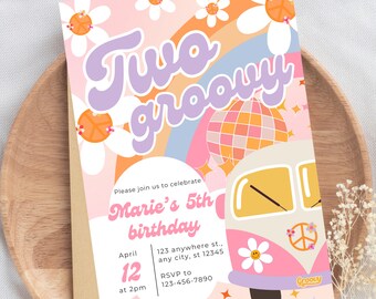 Two Groovy Birthday Party Invitation Boho Retro Groovy Hippie Birthday Daisy Groovy  Second Birthday Editable Invite BP542