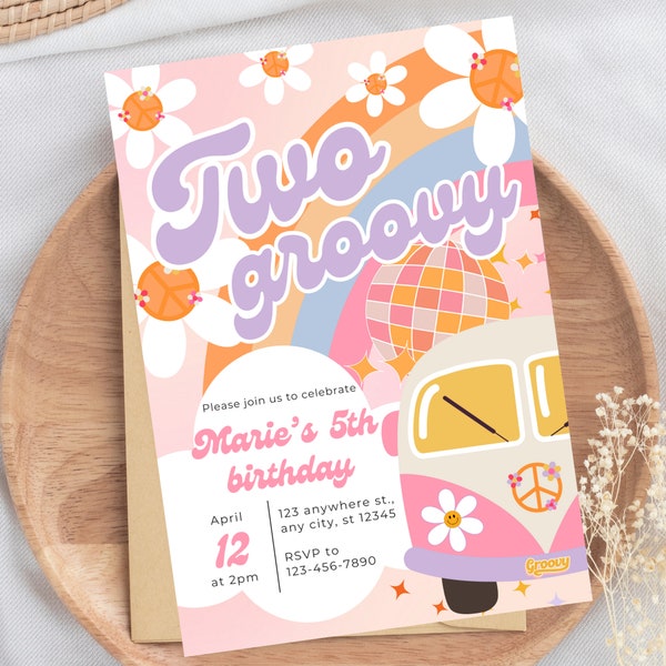 Two Groovy Birthday Party Invitation Boho Retro Groovy Hippie Birthday Daisy Groovy  Second Birthday Editable Invite BP542