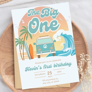 The Big One Birthday Surfing Party 1st Birthday Invitation Retro Boy or Girl Surf Van Surfboard Beach Party Editable Invite Instant Download