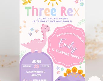 May include: A pink and purple dinosaur birthday invitation with a pink dinosaur on a purple hill. The invitation says "Three Rex" and "Please join us to celebrate Emily is turning three!" with a date and time of June 23rd at 5:00 PM. RSVP information is included.