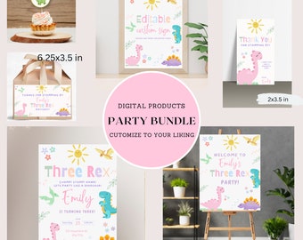 Puede incluir: Un paquete de fiesta digital para una fiesta de cumpleaños con temática de dinosaurios. El paquete incluye un cartel de bienvenida, un cartel de agradecimiento, una caja de regalo, un adorno para cupcake y una invitación. Los colores son rosa, verde, amarillo y azul. Los carteles miden 8,5x11 pulgadas, la caja de regalo mide 6,25x3,5 pulgadas, el adorno para cupcake mide 2x2 pulgadas y la invitación mide 5x7 pulgadas.