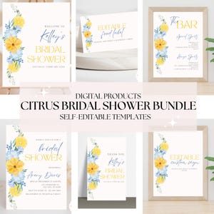 Citrus Bridal Shower Bundle Blue Lemon Bridal Brunch Invitation Bundle Bright Floral Citrus Bridal Shower Package Mediterranean Lemon Theme