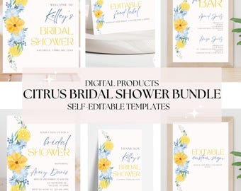 May include: A digital printable bundle for a citrus bridal shower. The bundle includes editable templates for a welcome sign, food labels, a bar sign, a thank you sign, and a custom sign. The designs feature watercolor illustrations of lemons, flowers, and greenery in shades of yellow, blue, and green.