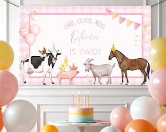 Pink Farm Birthday Backdrop Girl Farm Animals Party Decoration Pink Barnyard Birthday Printable Farm Theme Banner Custom Birthday Backdrop