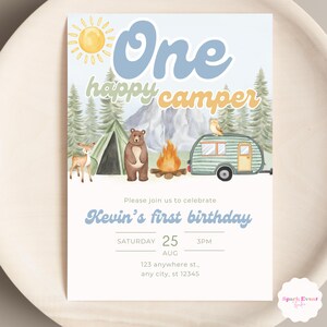 May include: A blue and yellow invitation for a first birthday party with a camping theme. The invitation features a bear, a tent, a camper van, and a campfire. The text on the invitation reads "One happy camper" and "Kevin's first birthday".