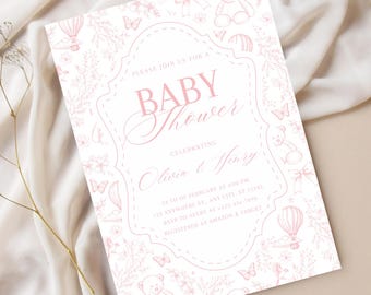 May include: A baby shower invitation in pink and white, featuring the words "Baby Shower" in a decorative font. The design includes illustrations of teddy bears, butterflies, and bows. The invitation is for Olivia & Henry.