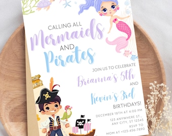 Op de afbeelding: Uitnodiging voor een verjaardagsfeest met een zeemeermin- en piraten thema voor Brianna's 5e en Kevin's 3e verjaardag. De uitnodiging toont een cartoon zeemeermin en piraat met de tekst "Calling all Mermaids and Pirates" en "Join us to celebrate Brianna's 5th and Kevin's 3rd Birthdays!" De uitnodiging bevat de datum, tijd en locatie van het feest.