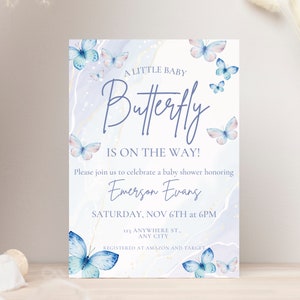 Invito per baby shower a farfalla blu Invito per baby shower a tema farfalla modificabile Download immediato Modello stampabile BP539