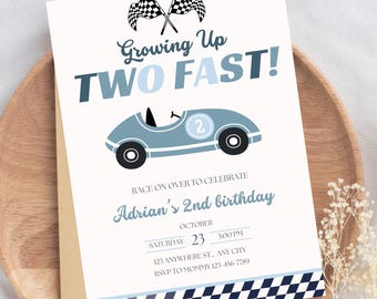 TWO Fast Birthday Invitation Race Car Second Birthday Invite Vintage Race Car Growing Up Two Fast 2nd Birthday Editable Instant Download