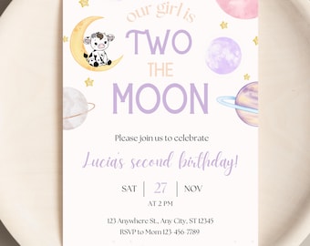 Two the Moon Birthday Invitation Cow Space Birthday Invite Two the Moon Party Moo Moo Digital Invite Girl Second Birthday Astronaut Galaxy