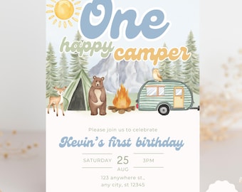 ONE Happy Camper Invitation First Birthday Invite Camping Birthday Forest Themed Woodland Animal Birthday Invitation Digital Download
