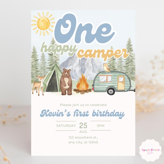 ONE Happy Camper Invitation First Birthday Invite Camping Birthday Forest Themed Woodland Animal Birthday Invitation Digital Download