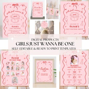 May include: A collection of pink digital templates for a first birthday celebration, with the phrase "Girls Just Wanna Be One." Includes invitations, thank you cards, and photo displays. Designs are self-editable and ready to print.