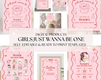 Girls Just Wanna Be One Birthday Bundle Red Pink Retro First Birthday Party Package Girl Bow Invitation Welcome Sign Milestone Stats