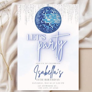Disco Party Birthday Invitation Disco Ball Invite Dance Party Mirrorball Music Invitation Music Party Blue Disco Party Teen Girl Birthday