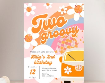 TWO Groovy Birthday Party Invitation Boho Retro Groovy Hippie Birthday Daisy Hippie Second Birthday Editable Invite Instant Download BP542