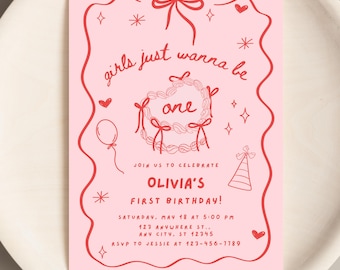 Girls Just Wanna Be One Invitation 1st Birthday Girl Invite Pink Bow Retro Vintage First Birthday Doodle Style Party Invite Template