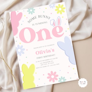 Some Bunny 1st Birthday Invitation Editable Spring Bunny Party Daisy Floral Birthday Instant Download Cute Bunny Birthday Template