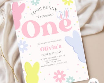 Einige Kaninchen 1st Geburtstagseinladung bearbeitbar Frühling Bunny Party Daisy Blumen Geburtstag Sofortiger Download süße Kaninchen-Geburtstagsvorlage