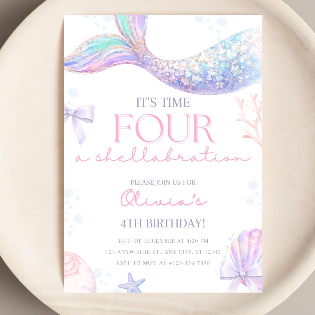 Editable Mermaid 4th Birthday Invitation Template, Shellabration Invite ...