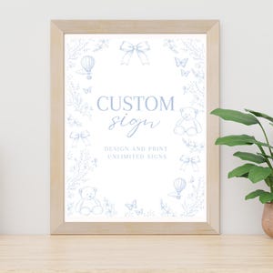 Placa personalizada para chá de bebê Toile de Jouy, placa de mesa editável em toile francês, tema de urso de pelúcia azul-poeira, placa floral para chá de bebê, para impressão